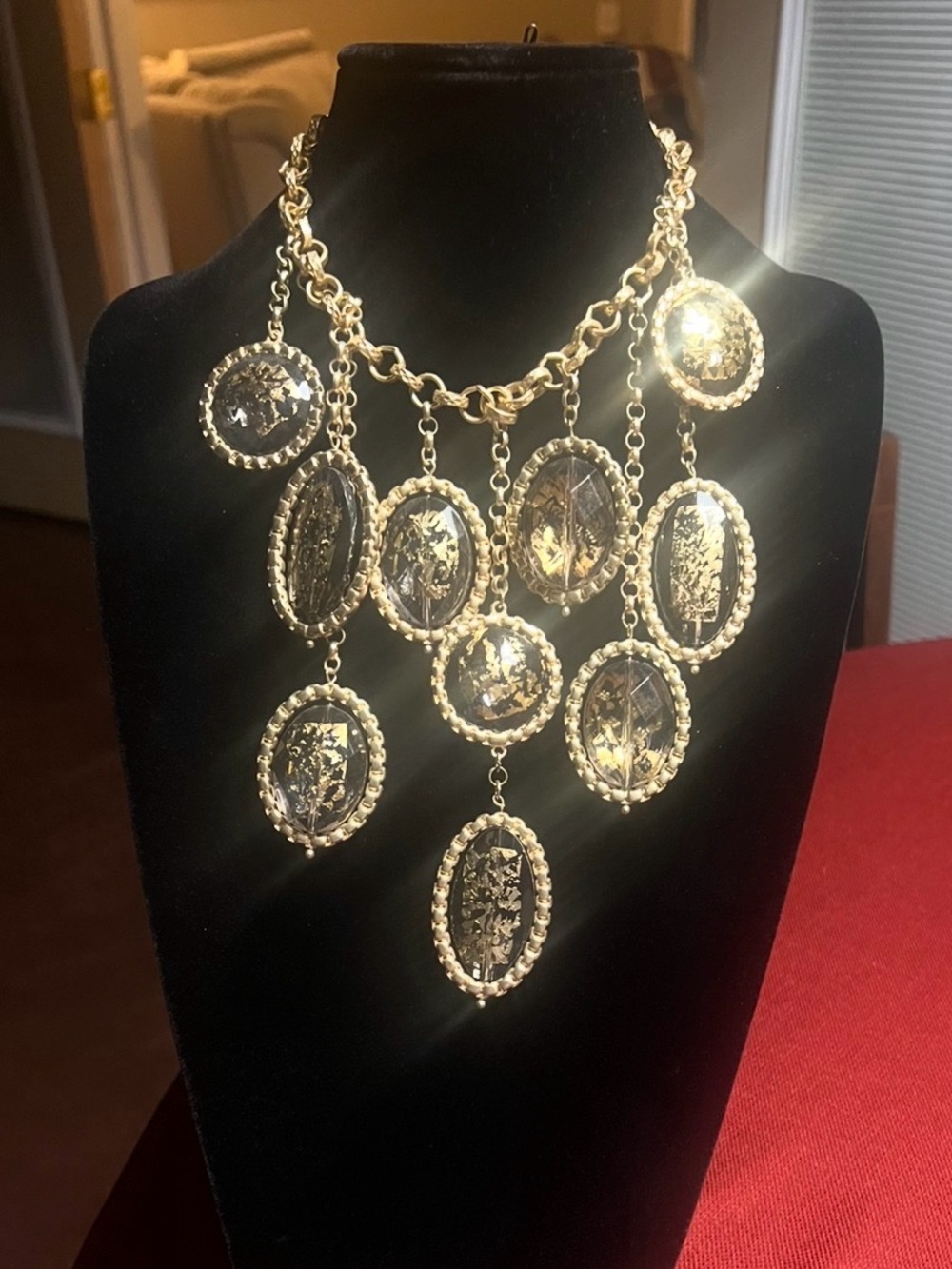 Chico's Gold Tone Crystal Medallion Drop Necklace